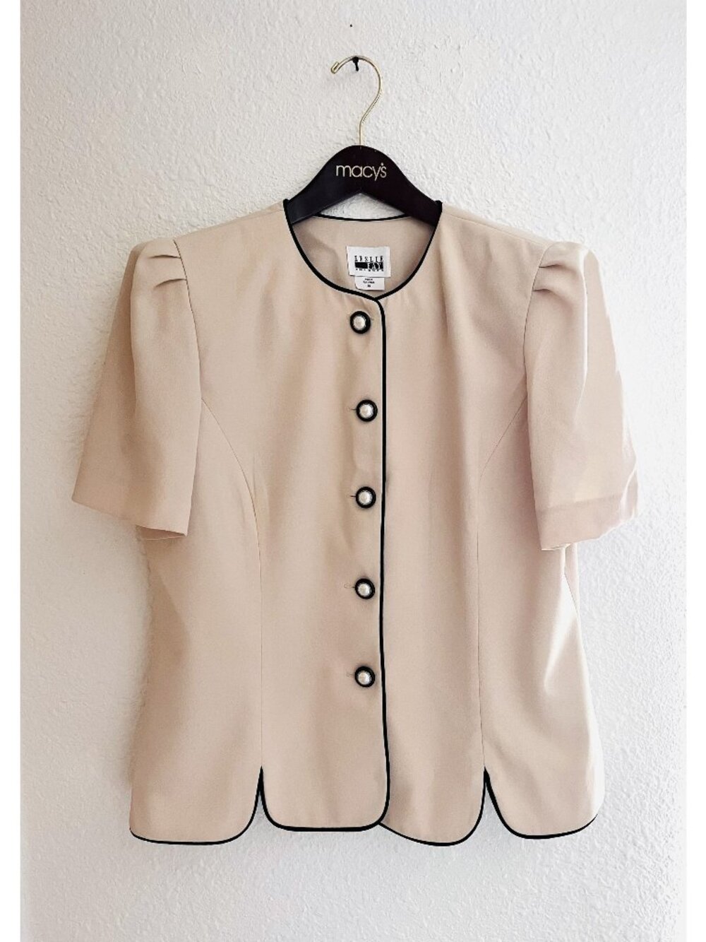 Vintage 80s Leslie Fay Classic Minimalist Beige Short Sleeve Blouse Size 16